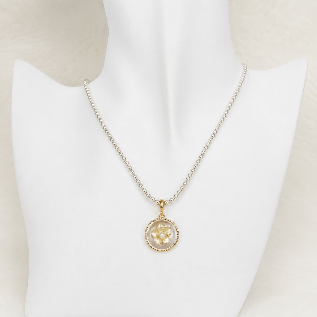 24K Gold Plated White Floral Pearl Pendant Satellite Chain Necklace
