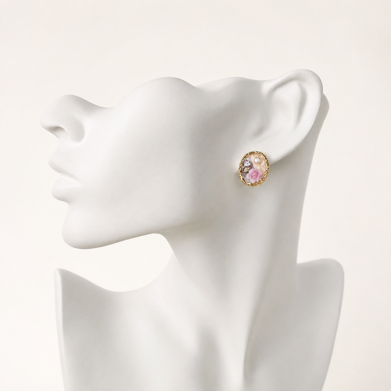 24K Gold Plated Oval Rope Frame Purple Rose Bouquet Pearl Crystal Stud Earrings – Panda House