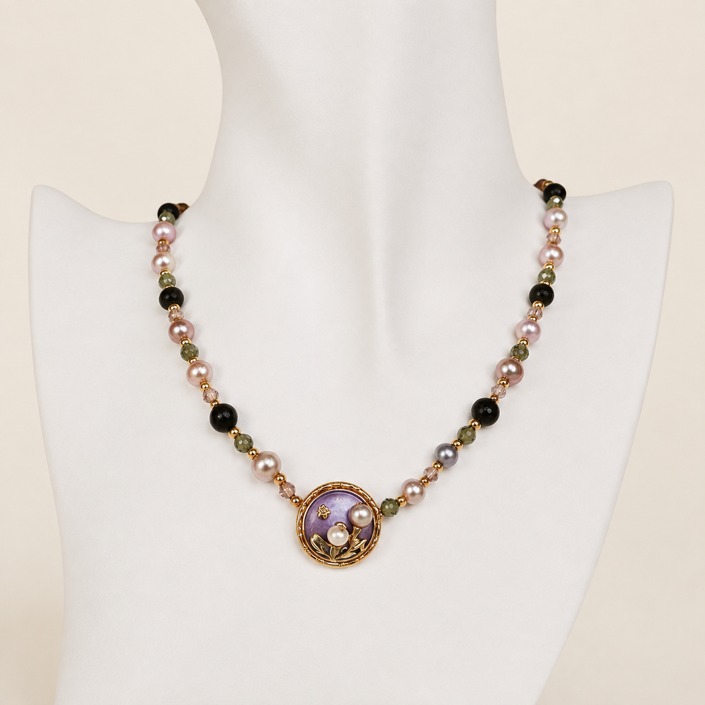 24K Gold Plated Natural Jade & Pearl Beaded Necklace with Enamel Floral Pendant