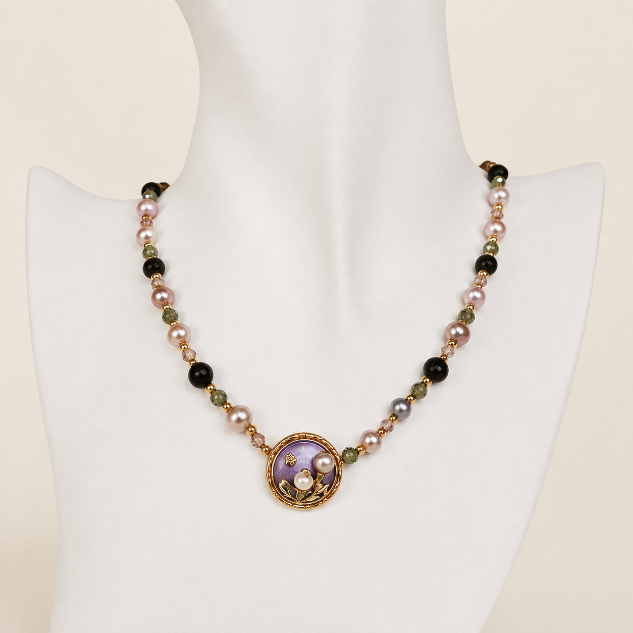 24K Gold Plated Natural Jade & Pearl Beaded Necklace with Enamel Floral Pendant