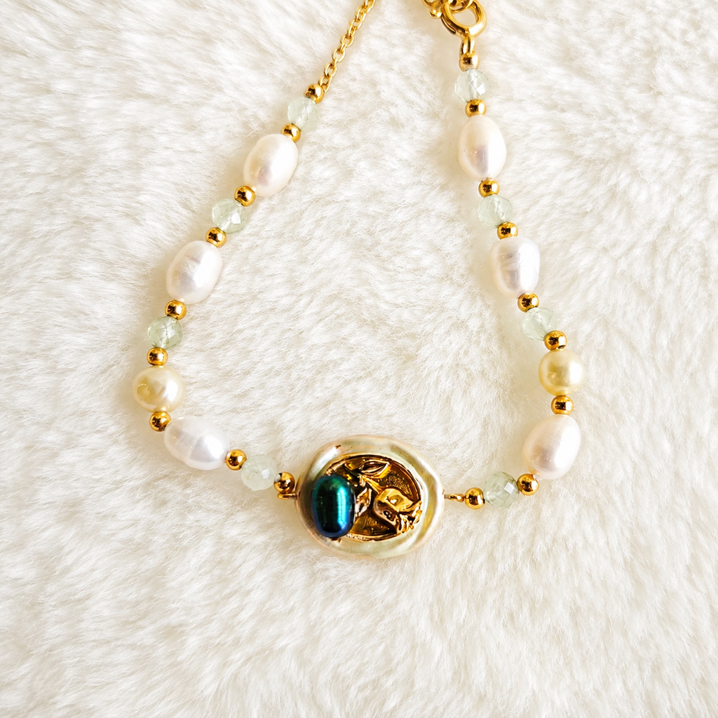 24K Gold Plated Teal Cat’s Eye Leaf Centerpiece Baroque Pearl & Moonstone Bracelet – Panda House