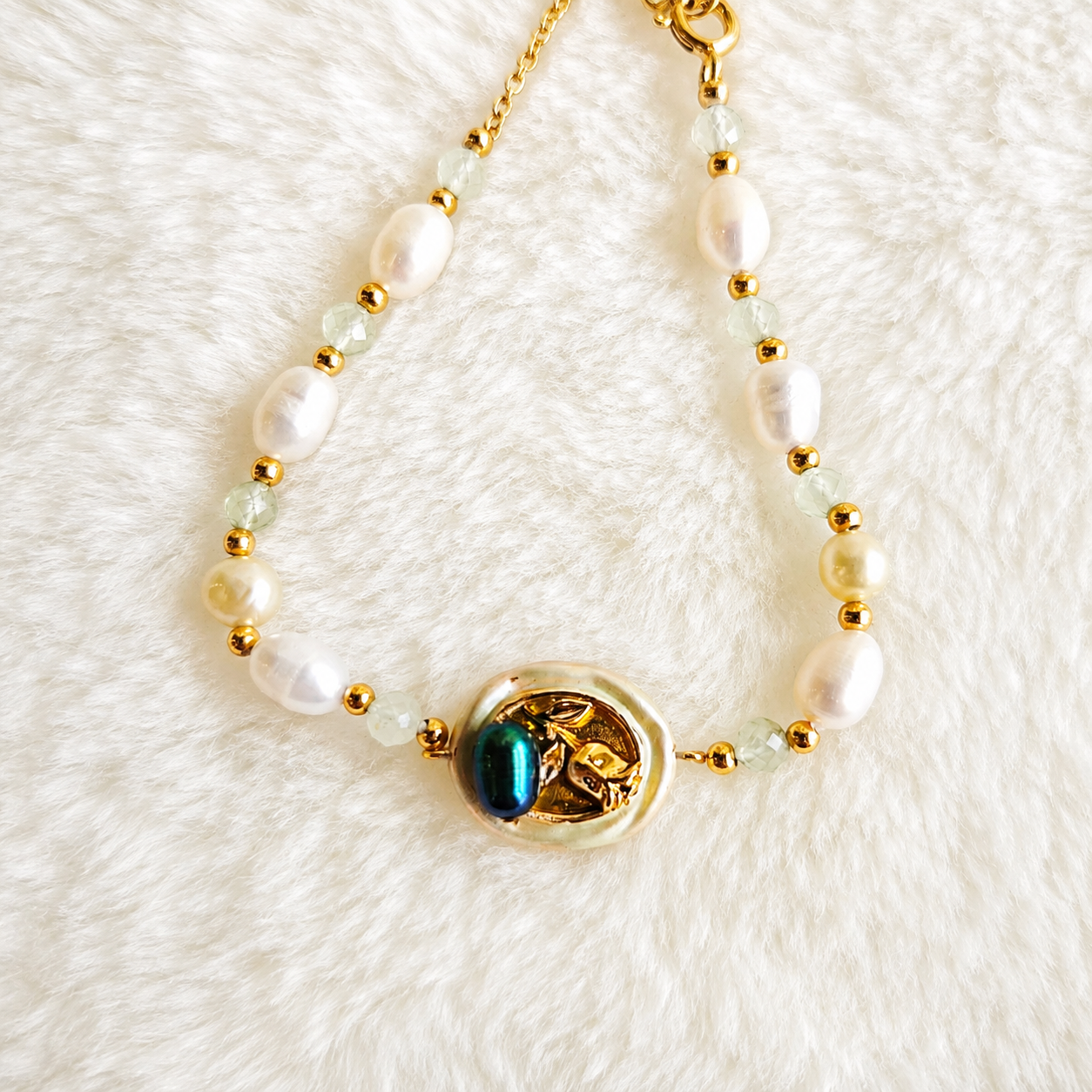 24K Gold Plated Teal Cat’s Eye Leaf Centerpiece Baroque Pearl & Moonstone Bracelet – Panda House