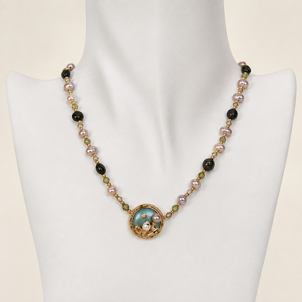 24K Gold Plated Natural Stone & Freshwater Pearl Beaded Necklace