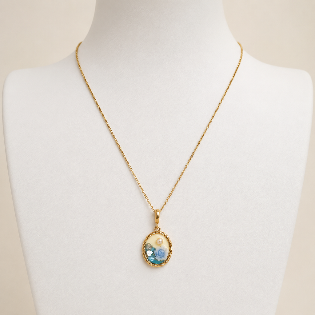 24K Gold Plated Blue Rose Cameo Pearl Necklace