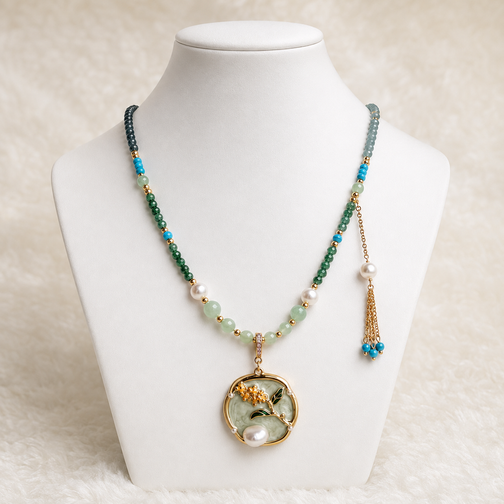 24K Gold Plated Jade Turquoise Pearl Double Layer Necklace with Crystal Floral Pendant
