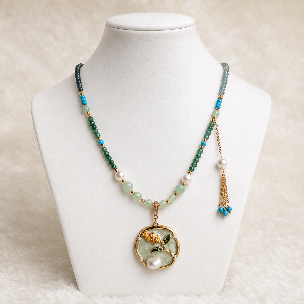 24K Gold Plated Jade Turquoise Pearl Double Layer Necklace with Crystal Floral Pendant