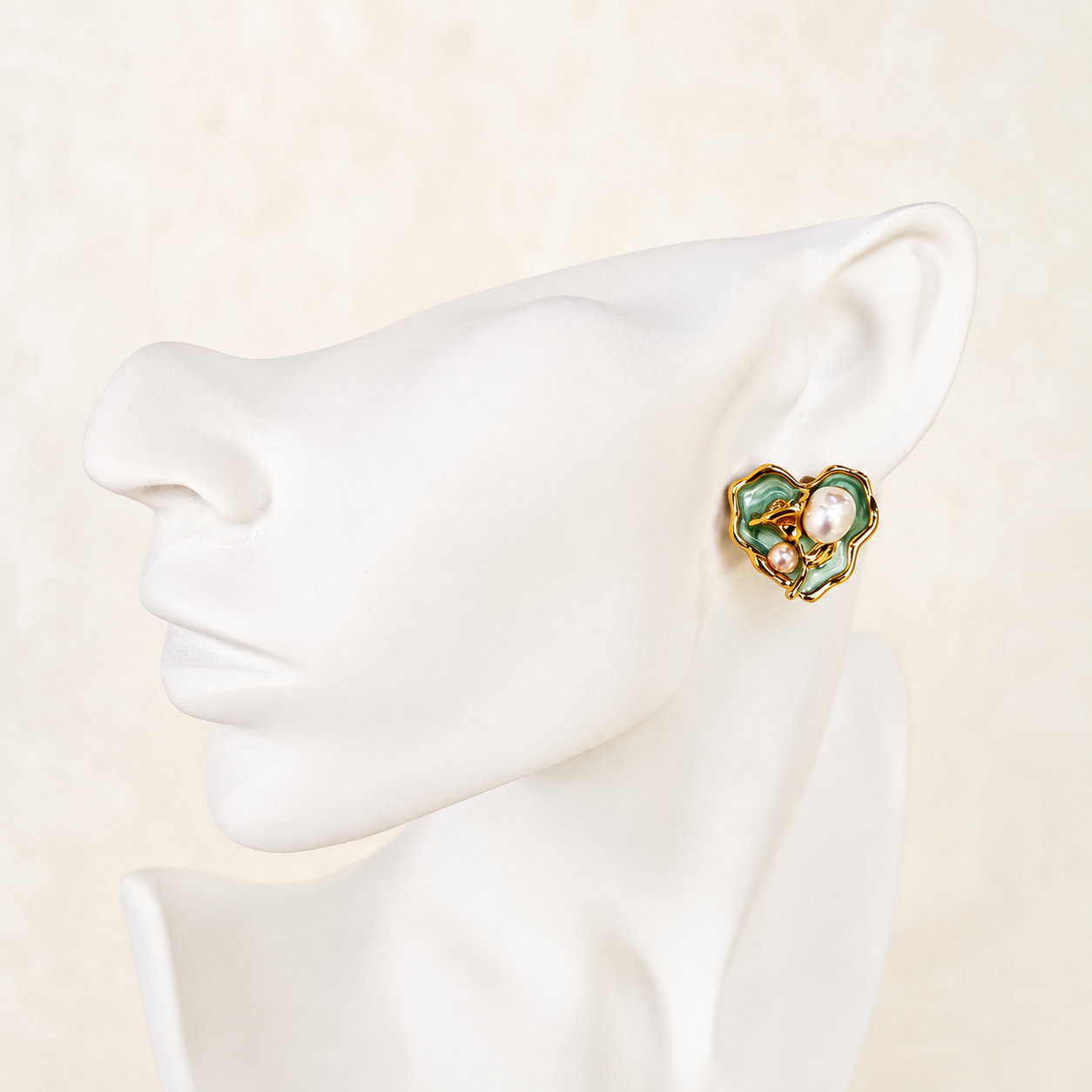 24K Gold Plated Mint Enamel Baroque Pearl Organic Petal Stud Earrings