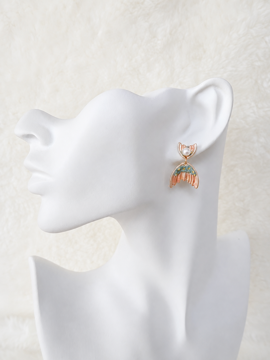 24K Gold Plated Fan Wing Pearl Coral Sage Enamel Drop Earrings – Panda House