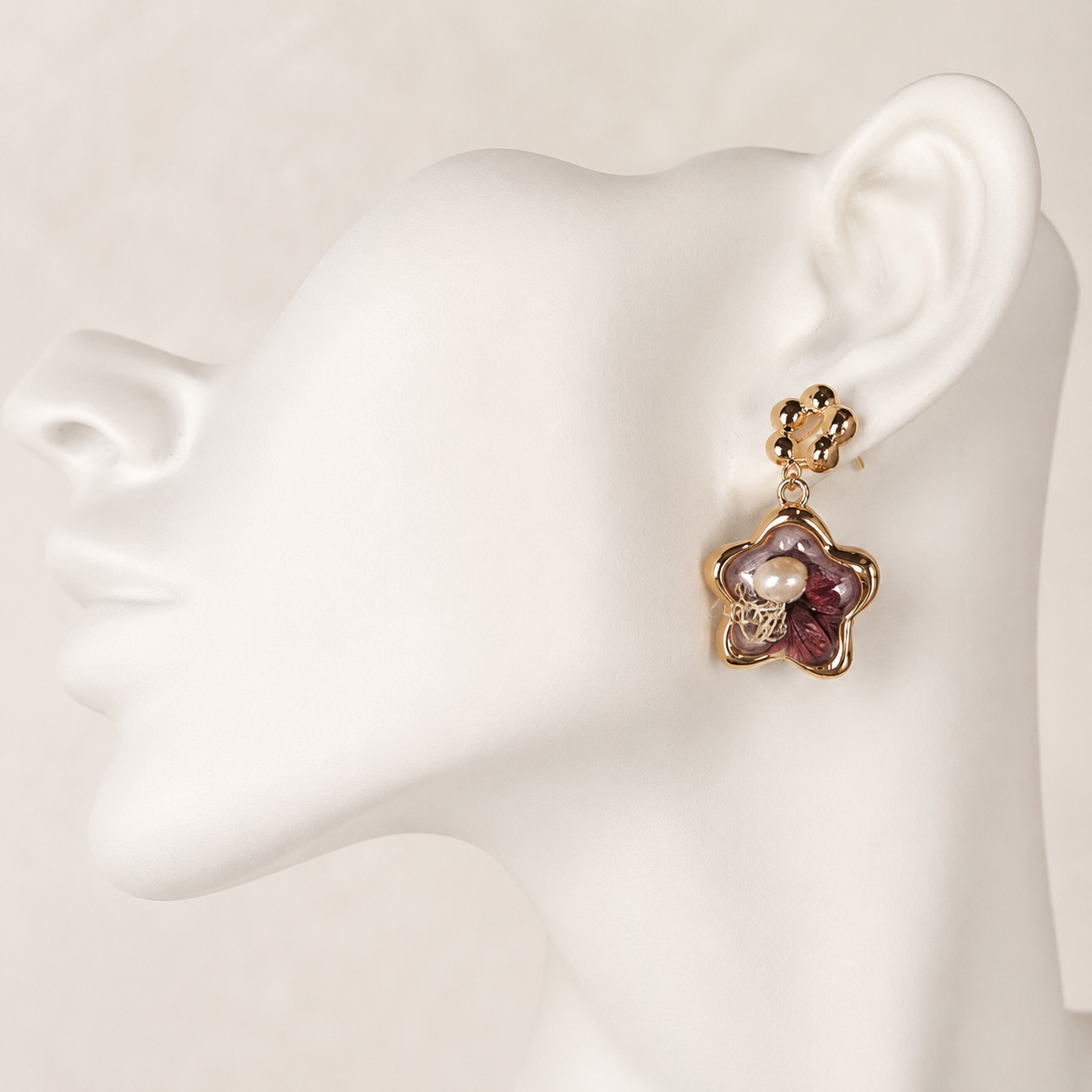 24K Gold Plated Dried Flower Pearl Resin Star Drop Earrings