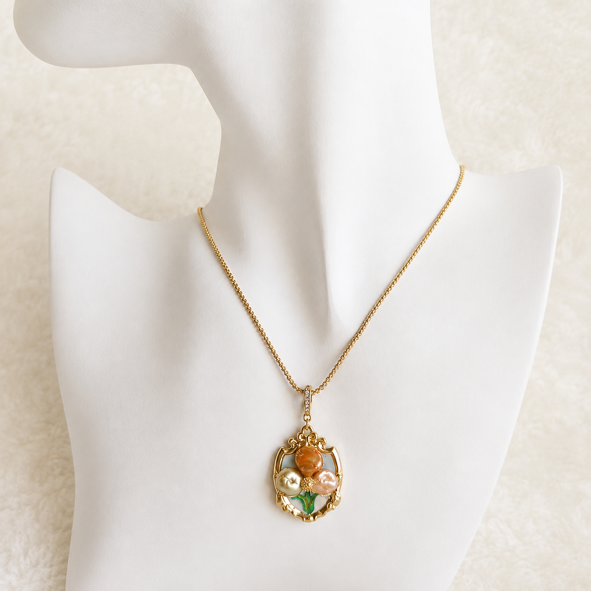 24K Gold Plated Multicolor Stone Cluster Ornate Pendant Adjustable Necklace