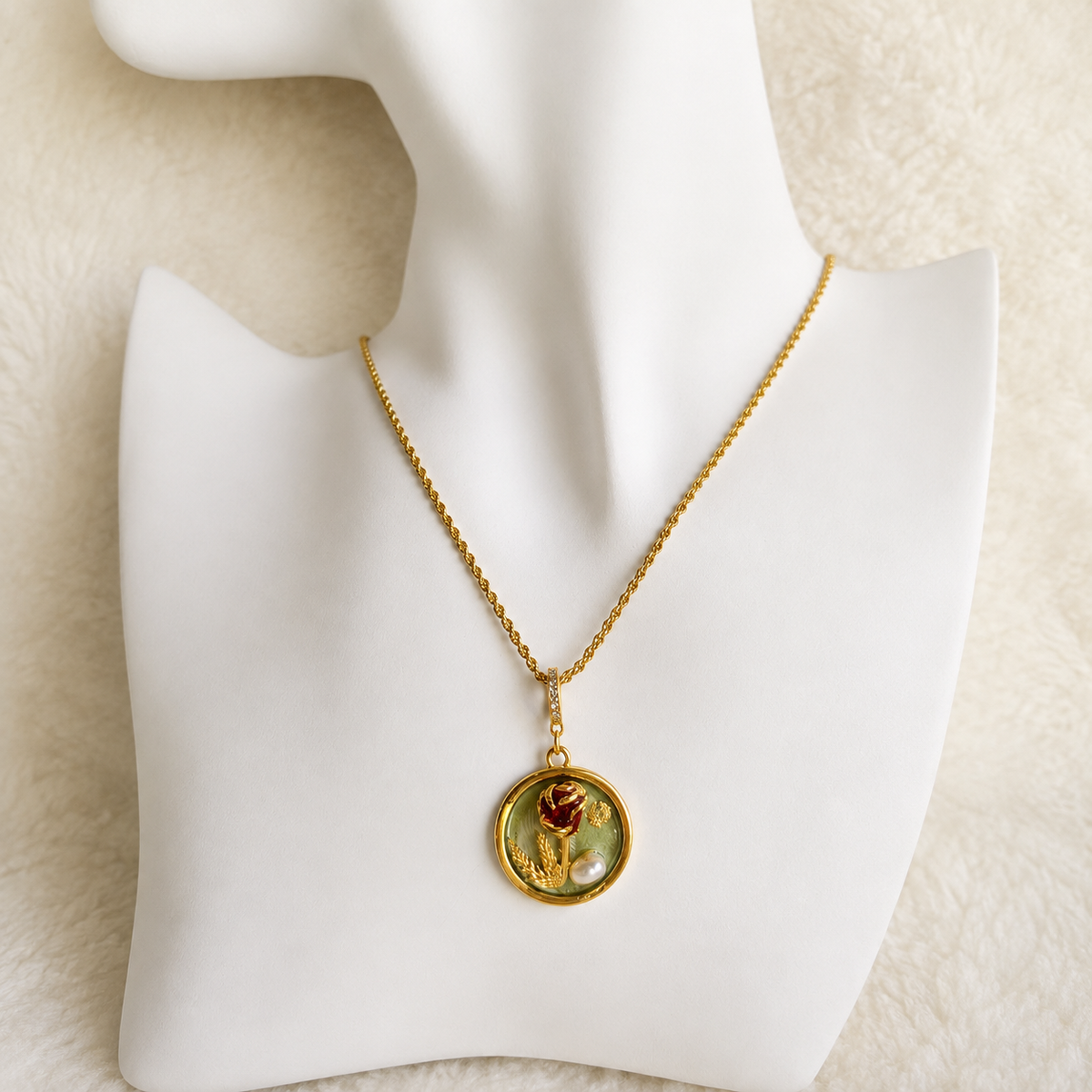 24K Gold Plated Crimson Rose Wheat Sage Green Medallion Adjustable Necklace