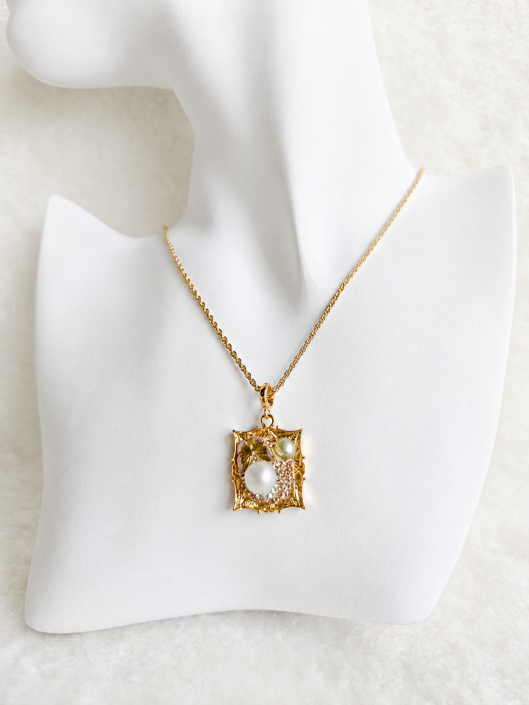 24K Gold Plated Pearl Blush Crystal Square Lattice Pendant Adjustable Necklace