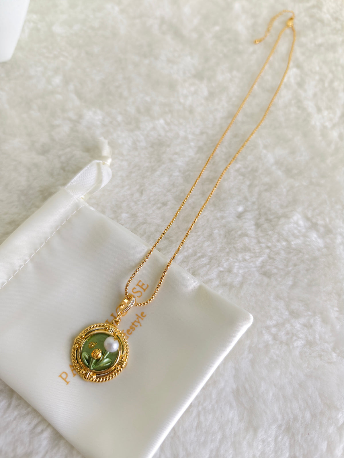 24K Gold Plated Lily of the Valley Pearl Medallion Adjustable Necklace