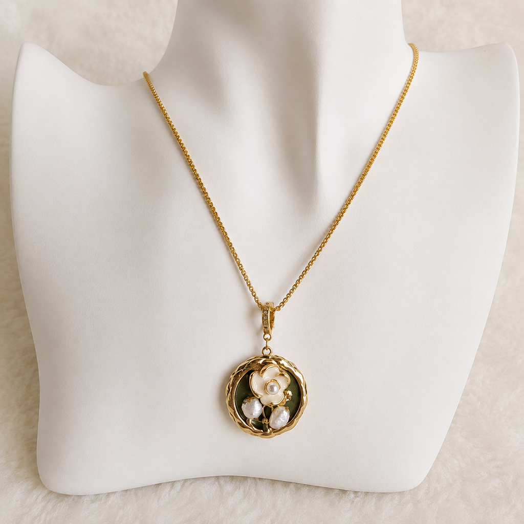 24K Gold Plated White Blossom Forest Green Medallion Adjustable Necklace