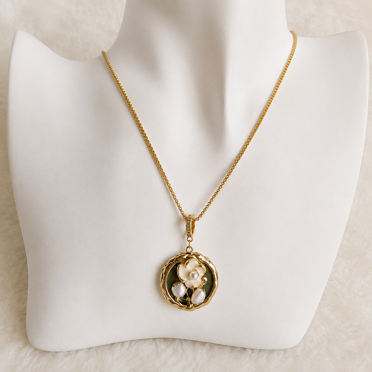 24K Gold Plated White Blossom Forest Green Medallion Adjustable Necklace