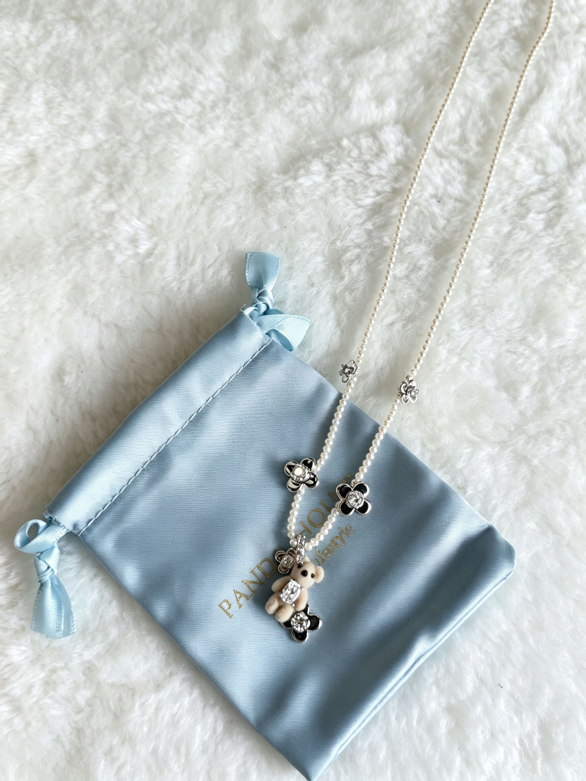 S925 Sterling Silver Pearl & Teddy Bear Charm Necklace