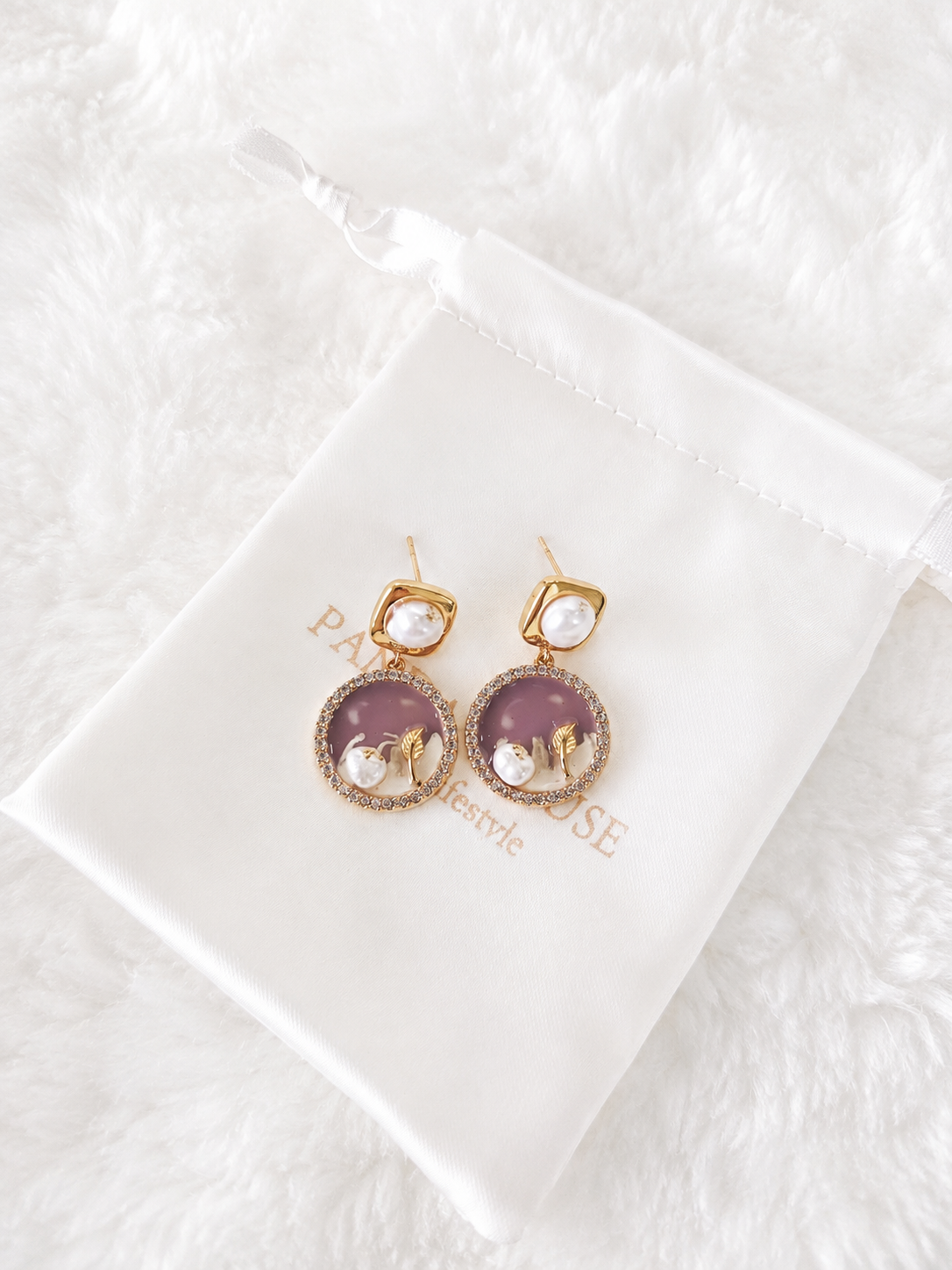 24K Gold Plated Baroque Pearl Stud Crystal Halo Lavender Enamel Drop Earrings – Panda House