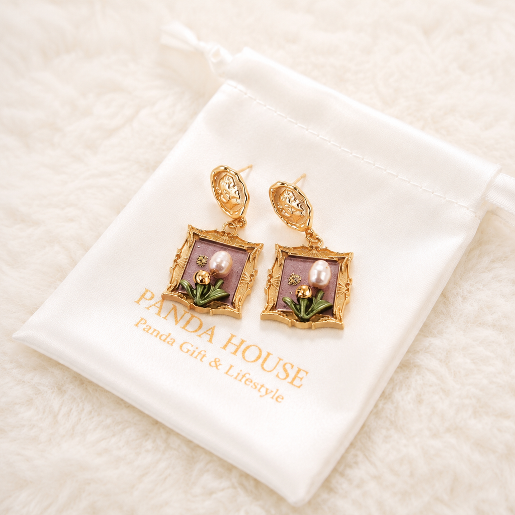 24K Gold Plated Roman Goddess Cameo Oil Painting Frame Pearl Drop Earrings