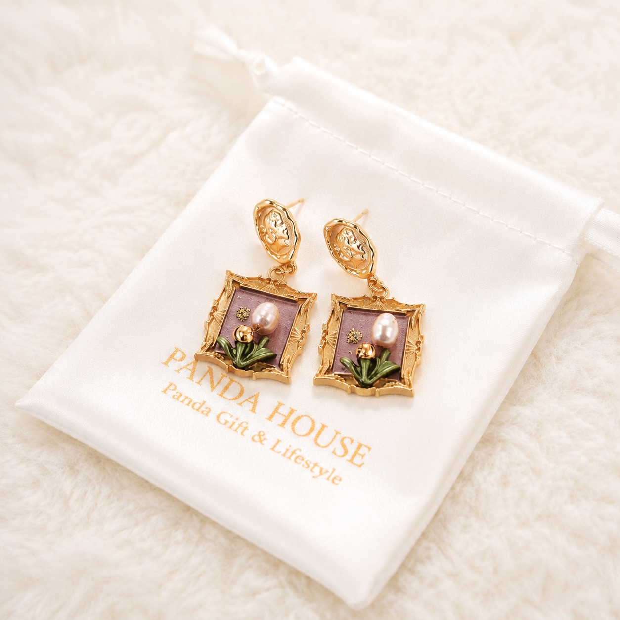 24K Gold Plated Roman Goddess Cameo Oil Painting Frame Pearl Drop Earrings
