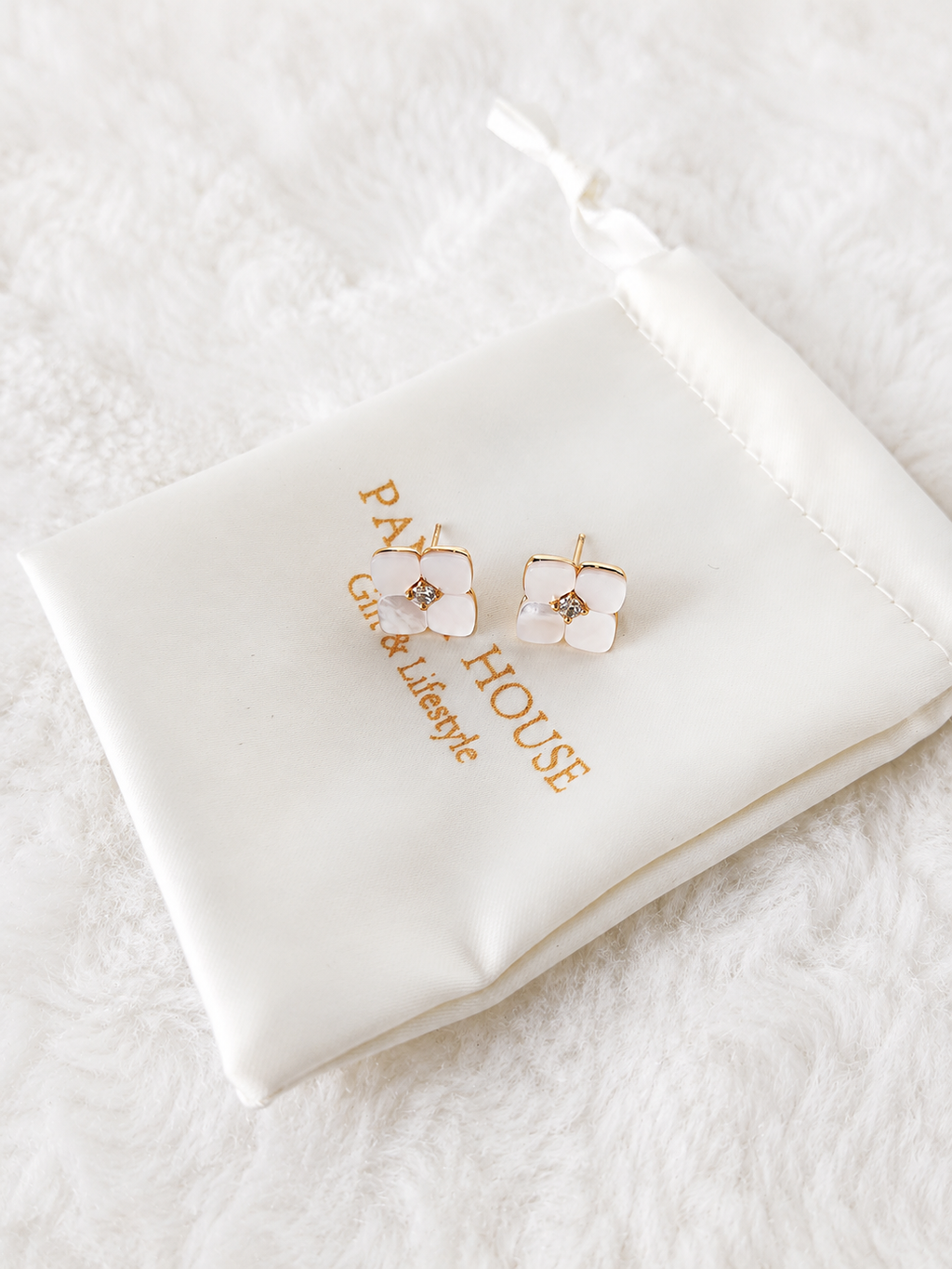 24K Gold Plated White Enamel Four Petal Flower Crystal Stud Earrings – Panda House