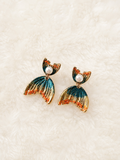 24K Gold Plated Fan Wing Pearl Teal Orange Enamel Drop Earrings – Panda House