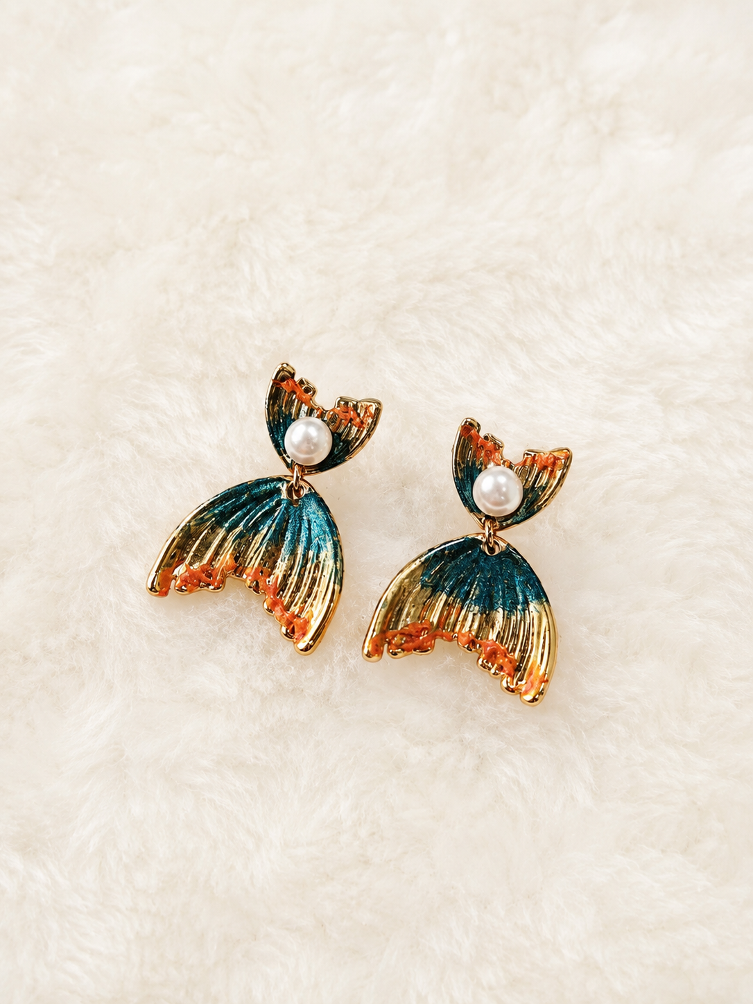 24K Gold Plated Fan Wing Pearl Teal Orange Enamel Drop Earrings – Panda House