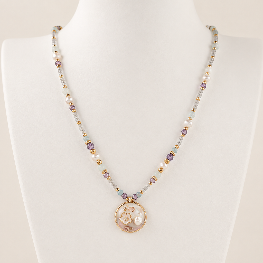 24K Gold Plated Aquamarine Amethyst Pearl Beaded Necklace with Mother of Pearl Floral Pendant