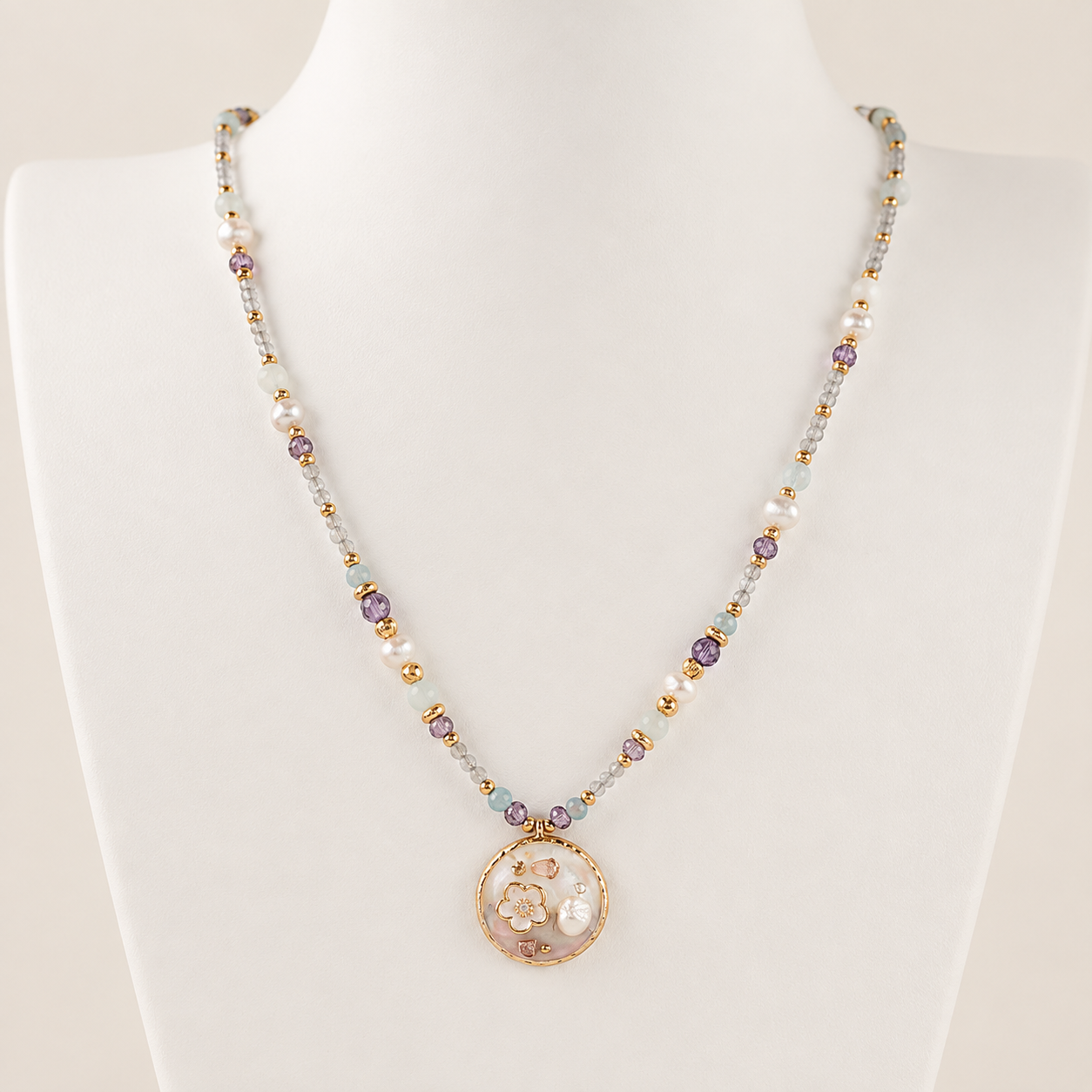 24K Gold Plated Aquamarine Amethyst Pearl Beaded Necklace with Mother of Pearl Floral Pendant