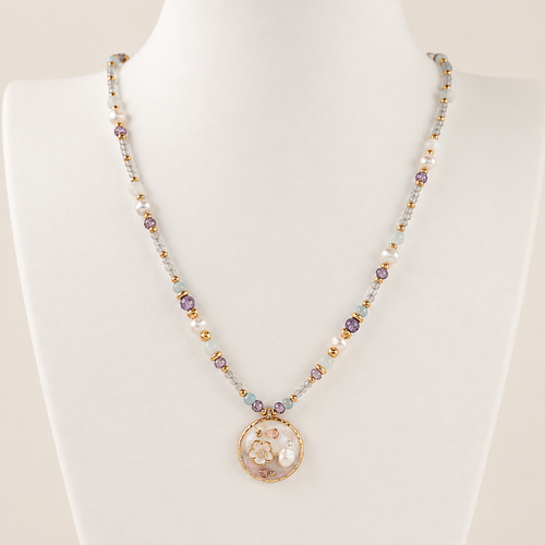 24K Gold Plated Aquamarine Amethyst Pearl Beaded Necklace with Mother of Pearl Floral Pendant