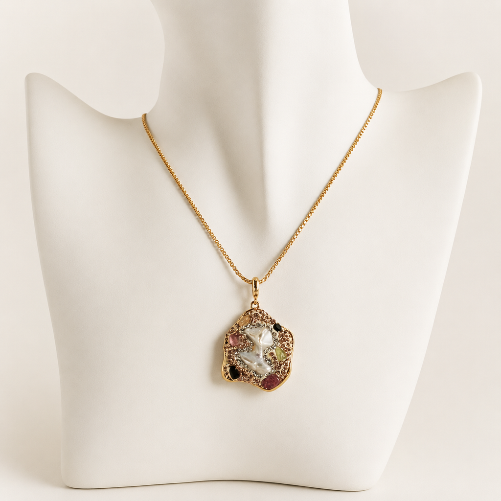 24K Gold Plated Multi-Stone Butterfly Mosaic Pendant Necklace