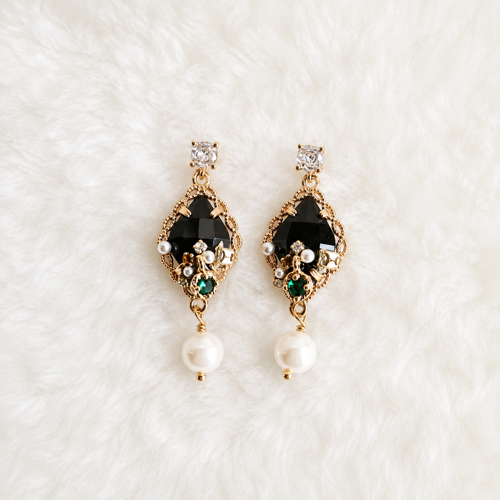 Gold Plated Gothic Baroque Black Gem Emerald Crystal Pearl Drop Earrings – Panda House