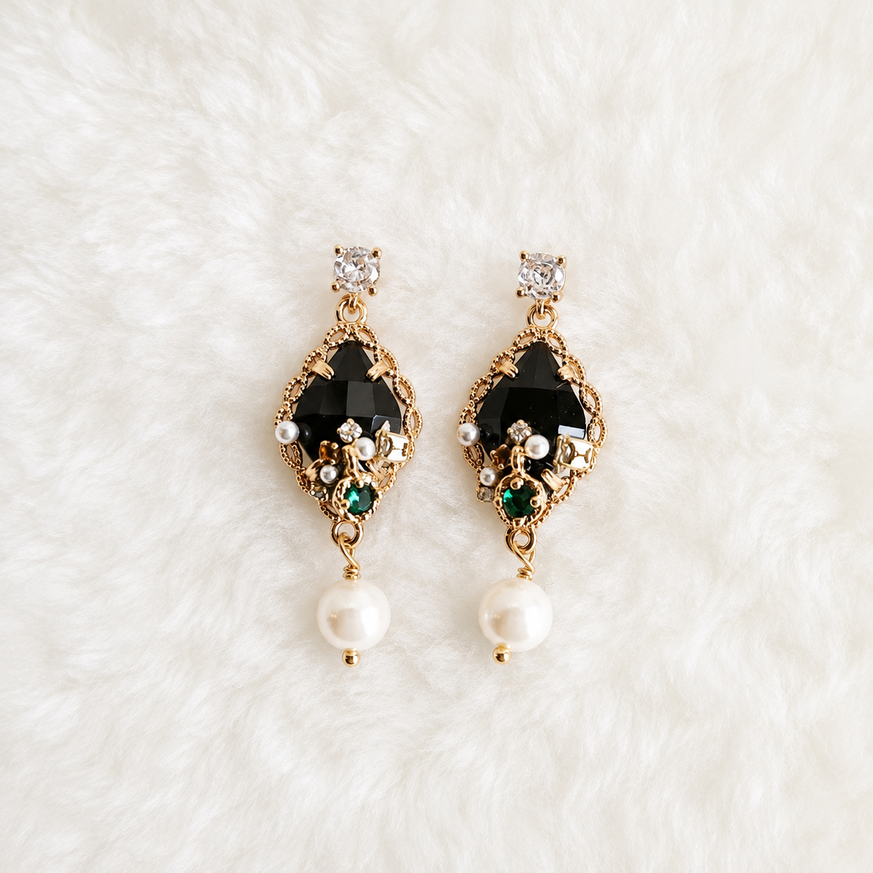 Gold Plated Gothic Baroque Black Gem Emerald Crystal Pearl Drop Earrings – Panda House