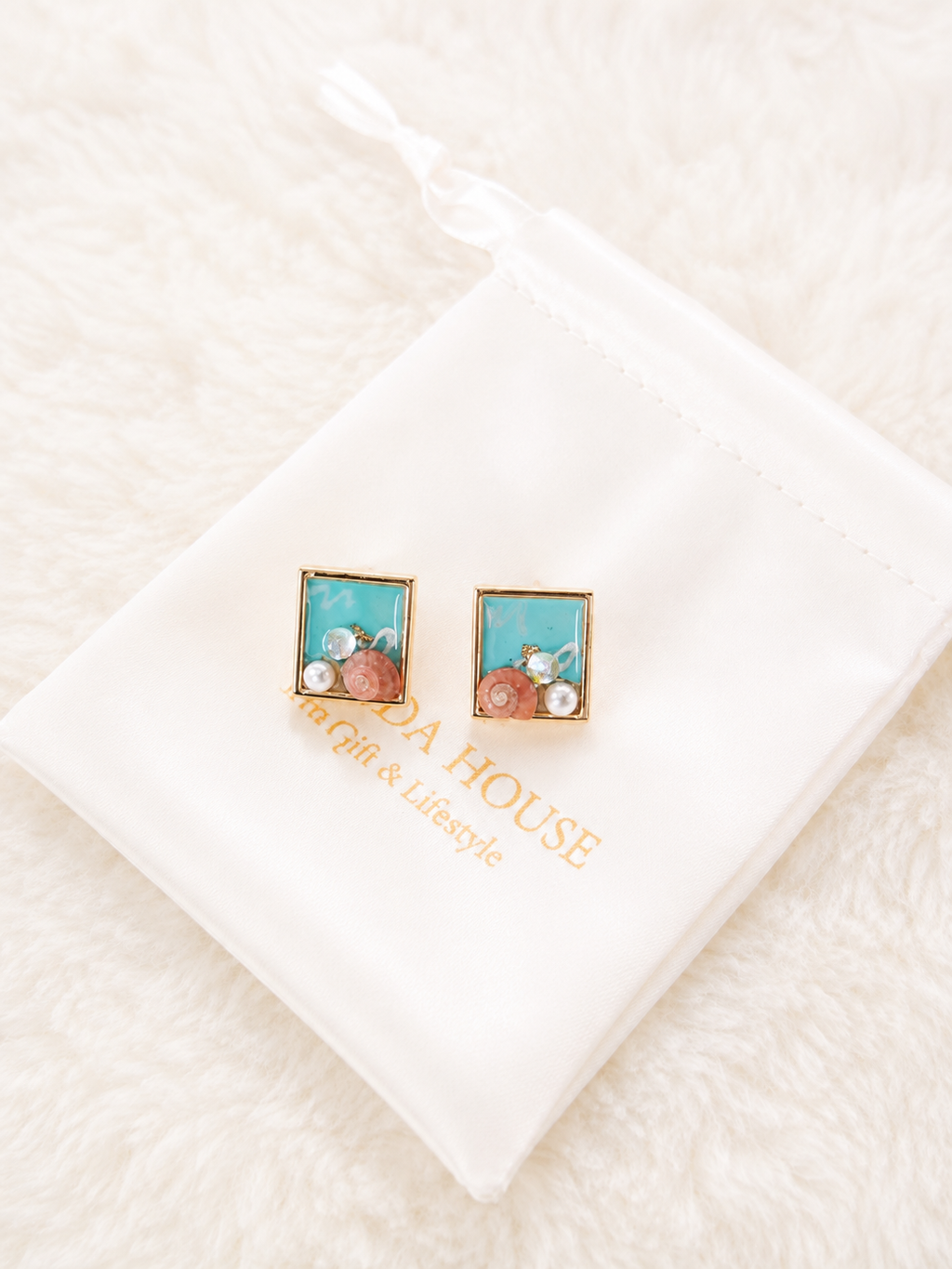 24K Gold Plated Square Tiffany Blue Enamel Coral Rose Pearl Crystal Stud Earrings – Panda House