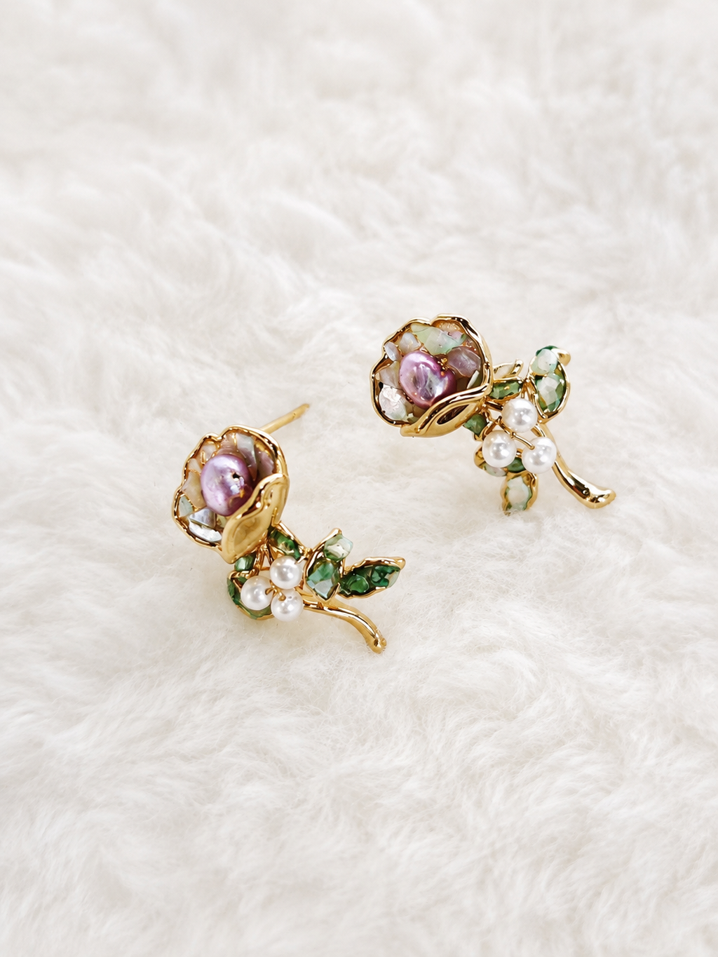 24K Gold Plated Baroque Pearl Rose Bud Green Crystal Leaf Stud Earrings – Panda House