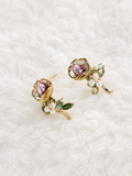 24K Gold Plated Baroque Pearl Rose Bud Green Crystal Leaf Stud Earrings – Panda House