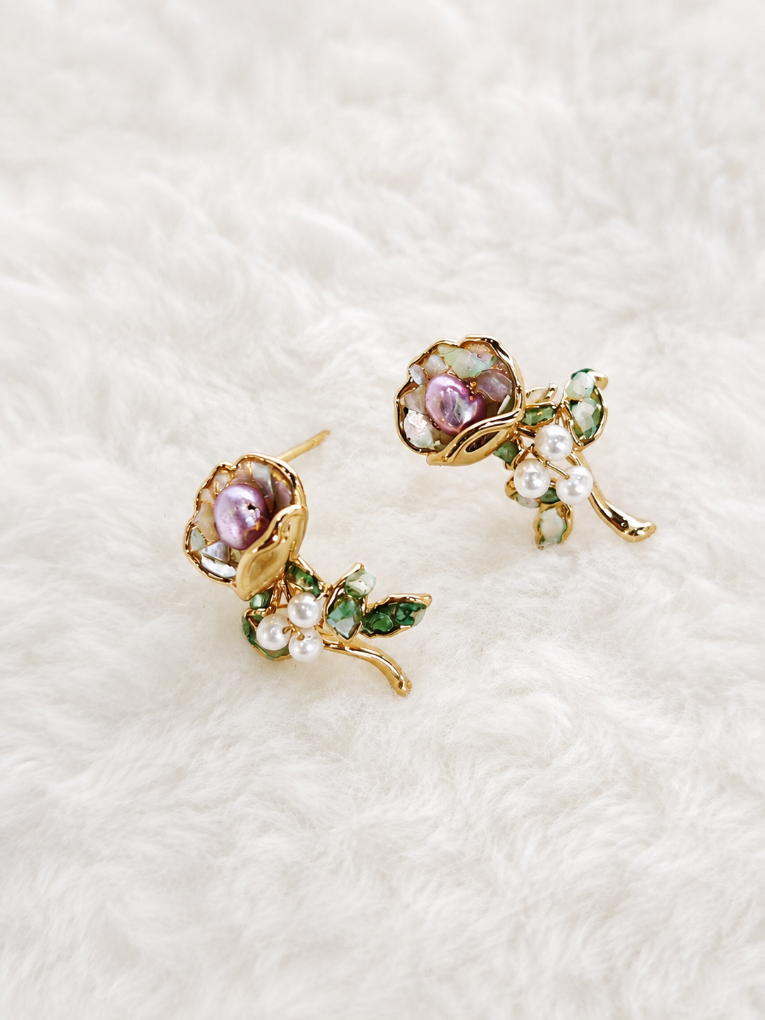 24K Gold Plated Baroque Pearl Rose Bud Green Crystal Leaf Stud Earrings – Panda House