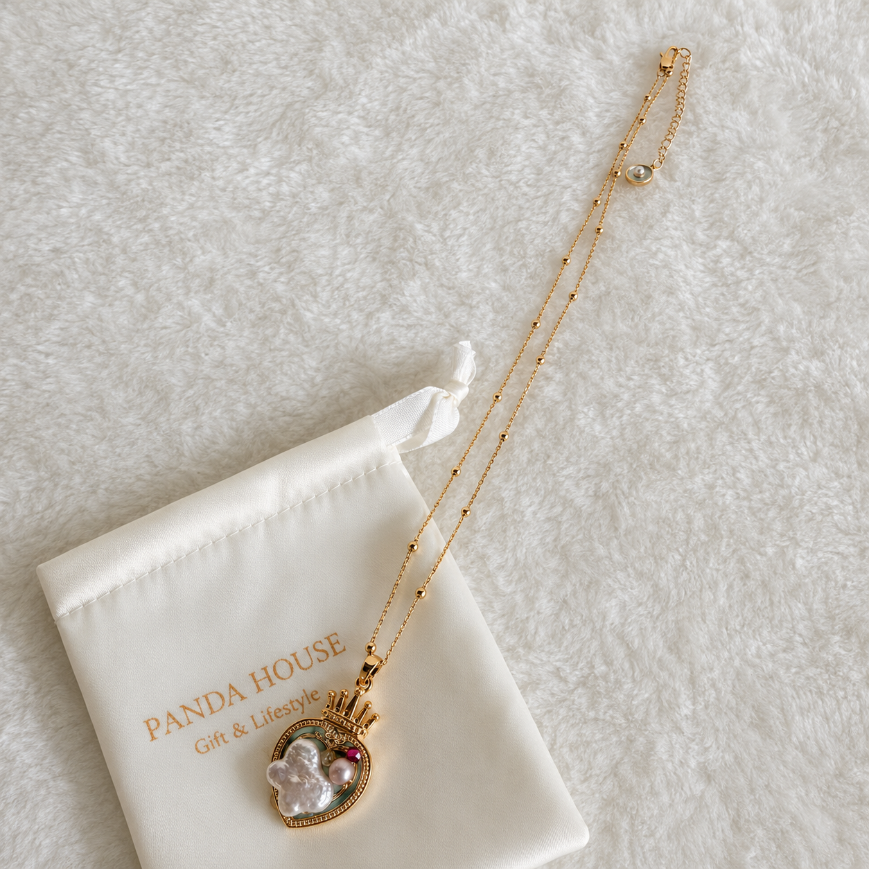 24K Gold Plated Crown Heart Baroque Pearl Royal Pendant Satellite Necklace