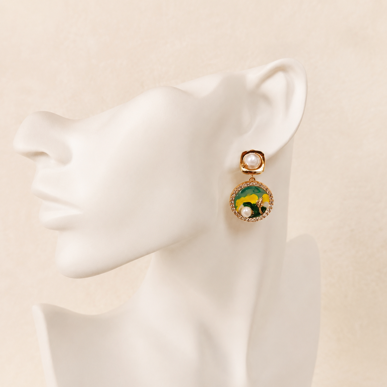 24K Gold Plated Oil Painting Abstract Enamel Pearl Crystal Drop Earrings