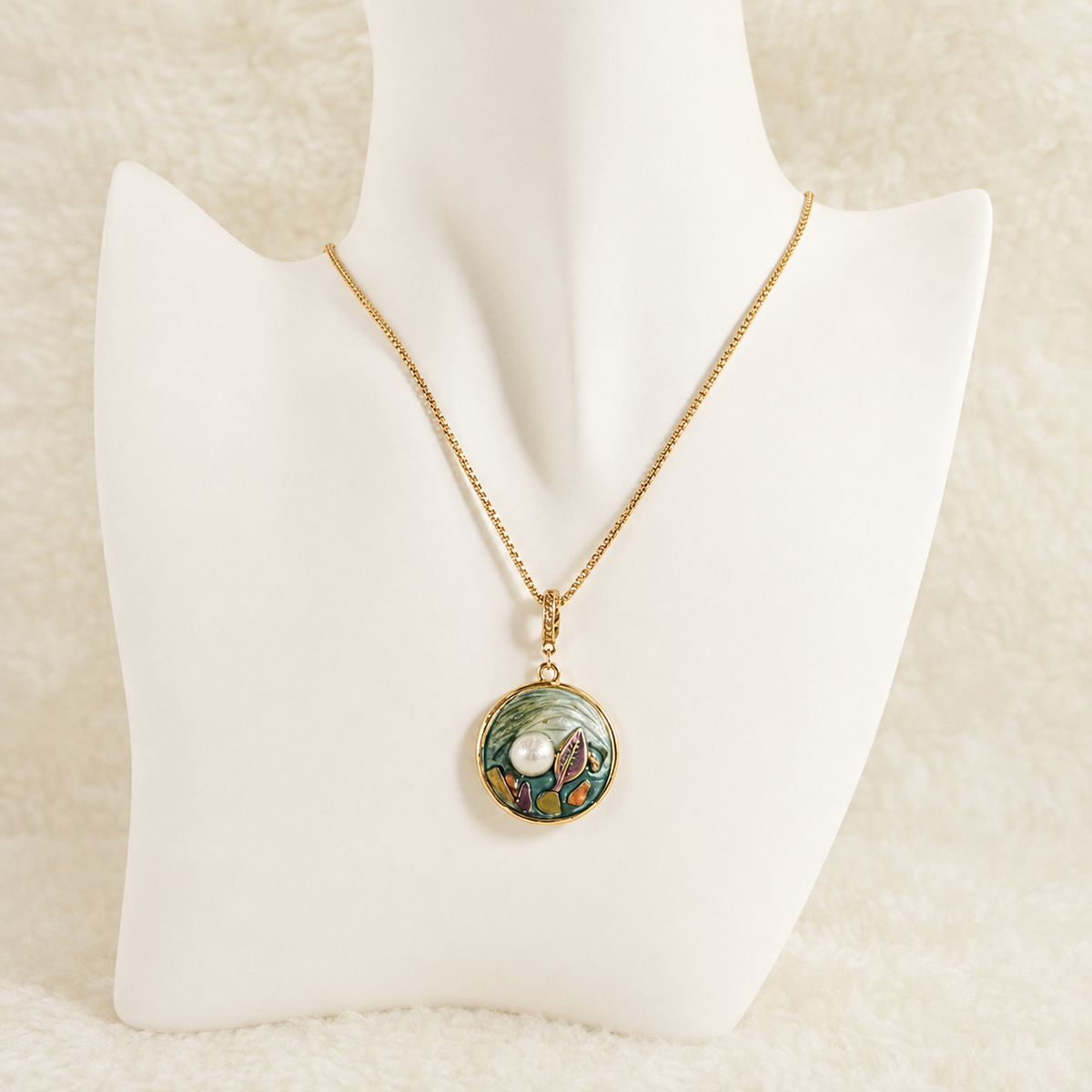 24K Gold Plated Oil Painting Botanical Enamel Pearl Pendant Necklace
