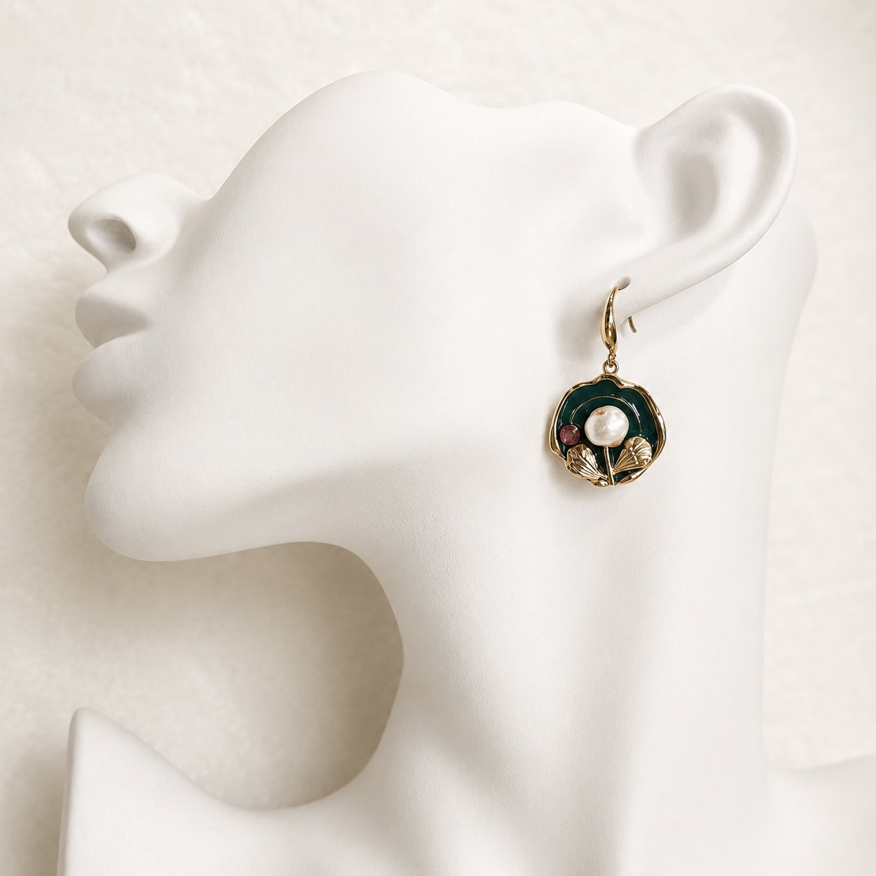 24K Gold Plated Green Enamel Ginkgo Leaf Pearl Drop Earrings