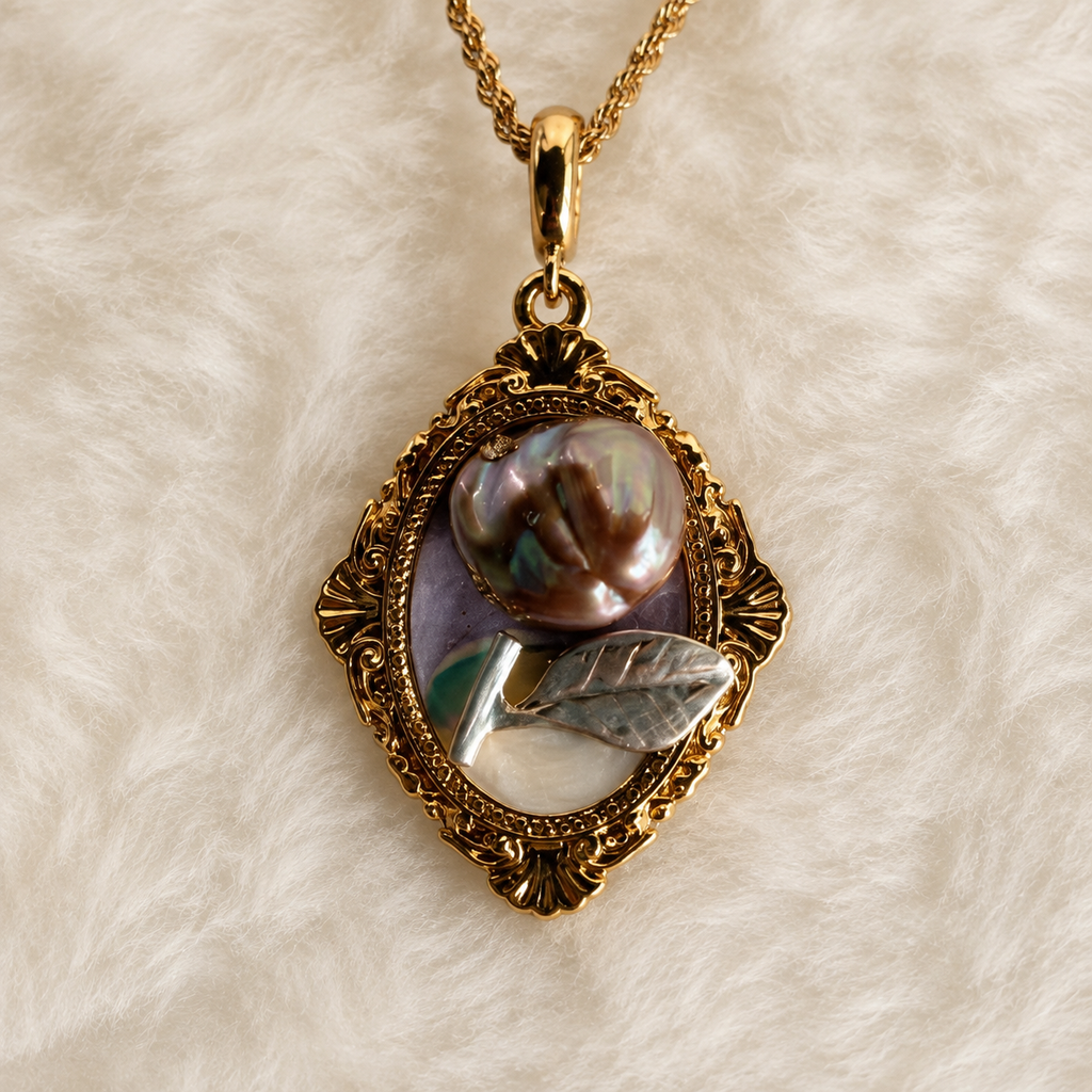 24K Gold Plated Black Mother of Pearl Rose Cameo Victorian Pendant Necklace