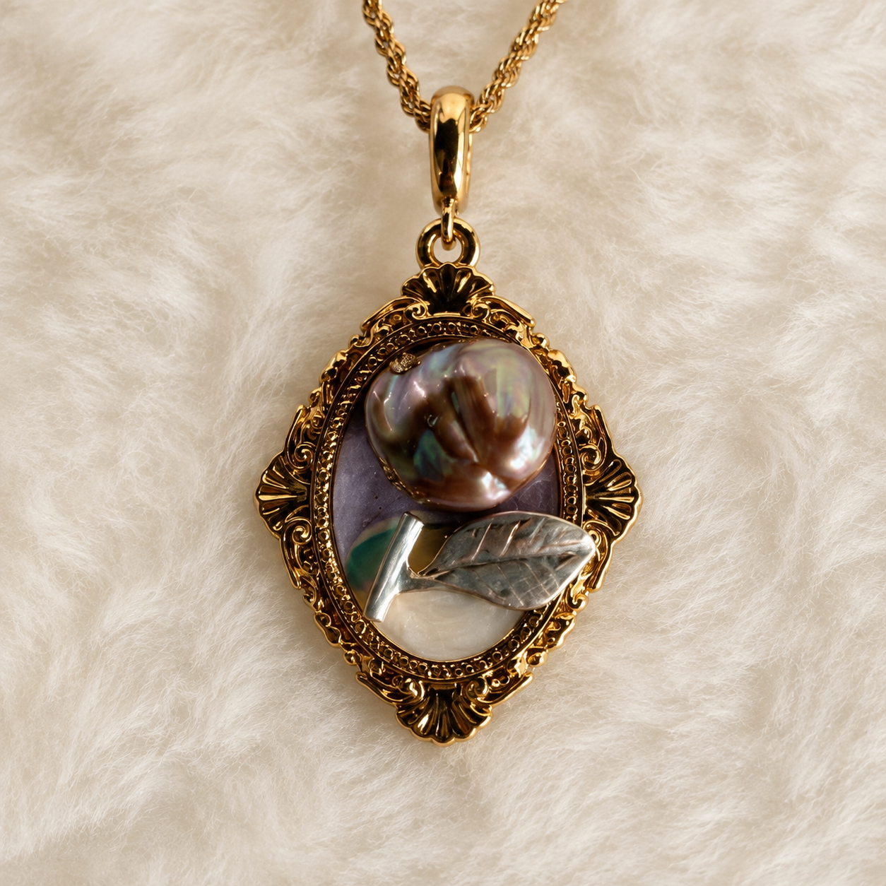 24K Gold Plated Black Mother of Pearl Rose Cameo Victorian Pendant Necklace