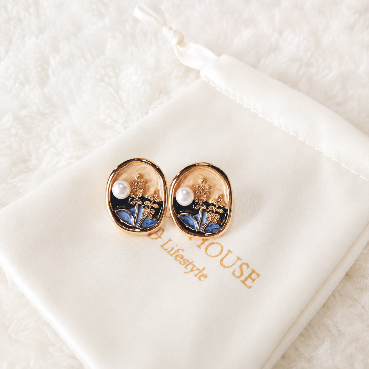 24K Gold Plated Midnight Garden Oval Enamel Pearl Stud Earrings – Panda House