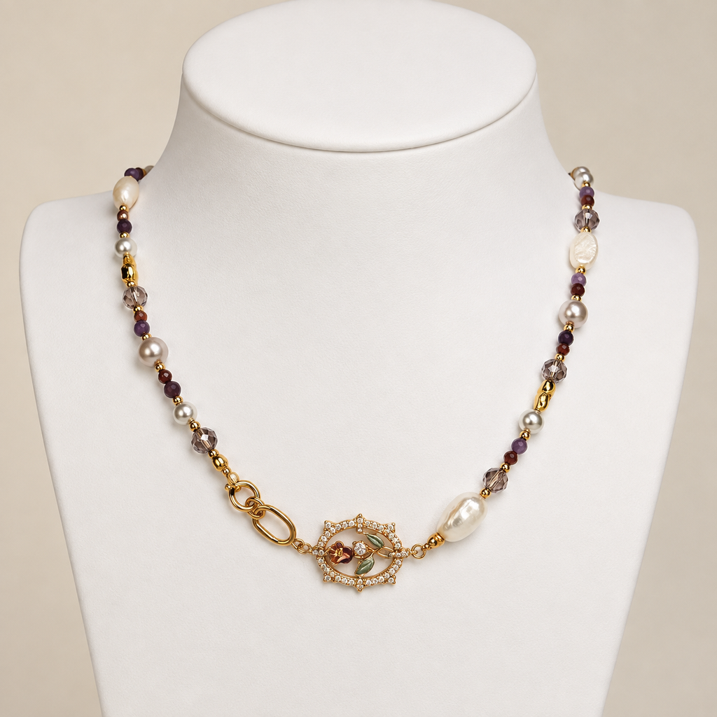 24K Gold Plated Natural Stone & Pearl Beaded Necklace with Crystal Floral Pendant