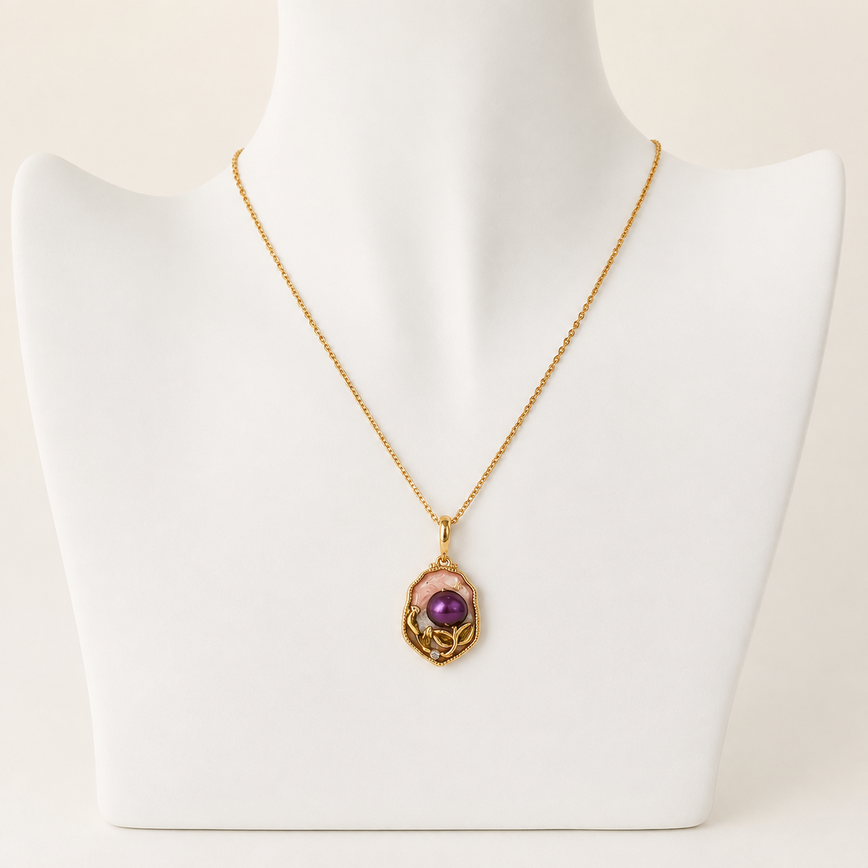 24K Gold Plated Oil Painting-Inspired Pink Enamel Purple Pearl Necklace
