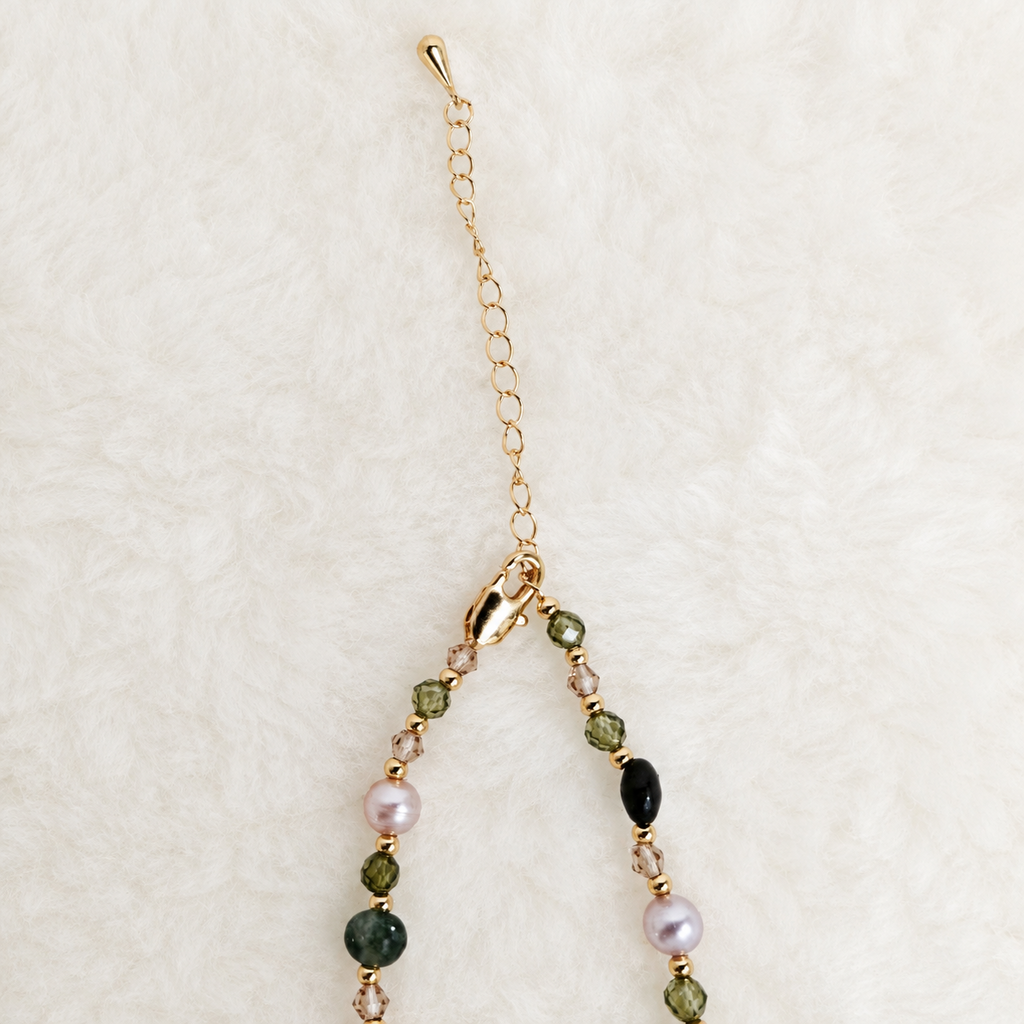 24K Gold Plated Natural Jade & Pearl Beaded Necklace with Enamel Floral Pendant