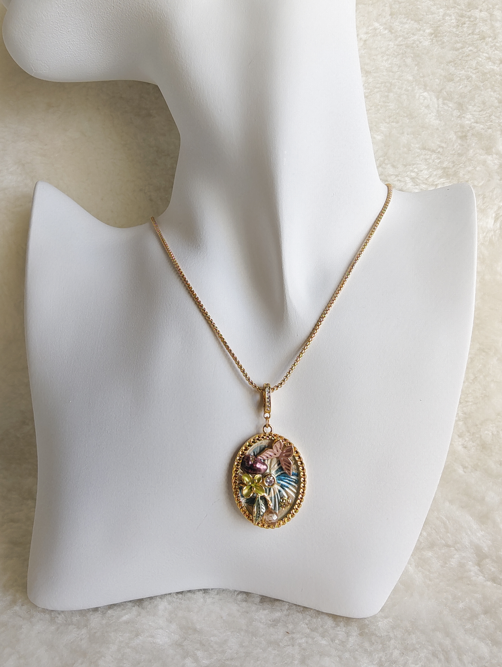 24K Gold Plated Butterfly Floral Pave Crystal Oval Medallion Adjustable Necklace