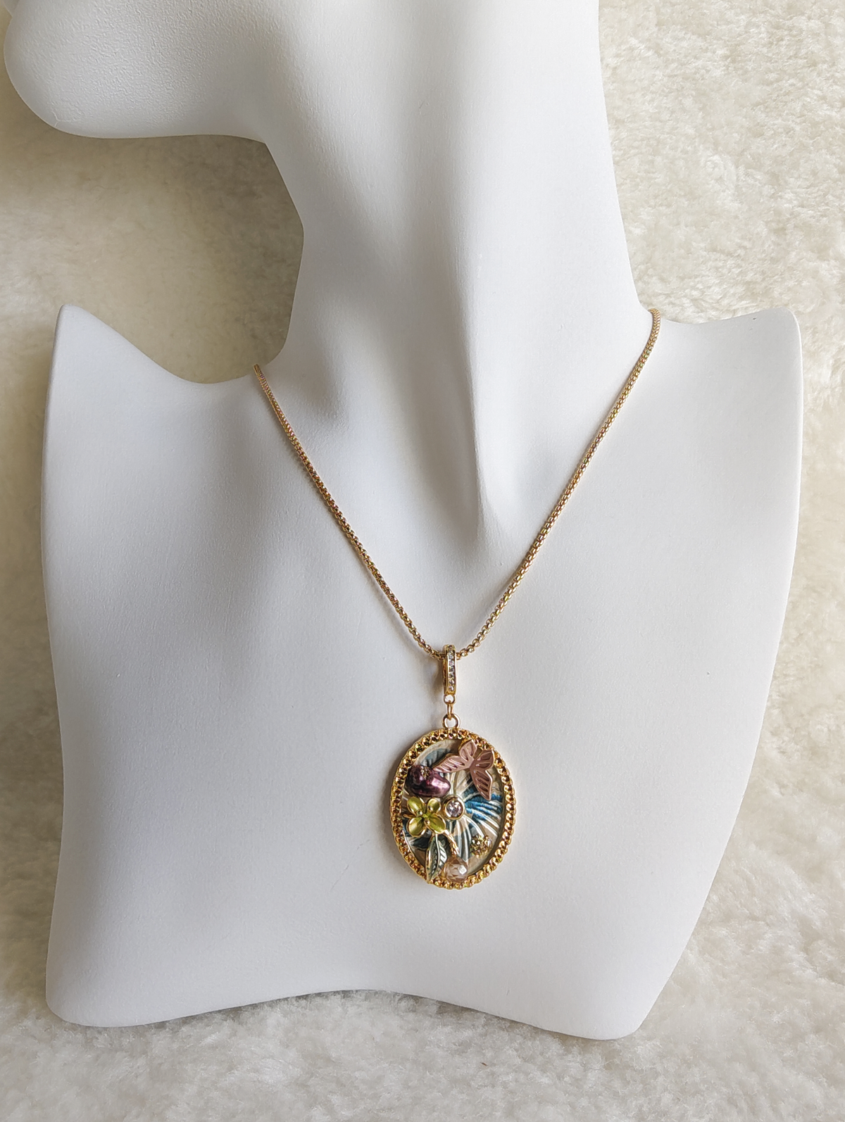 24K Gold Plated Butterfly Floral Pave Crystal Oval Medallion Adjustable Necklace
