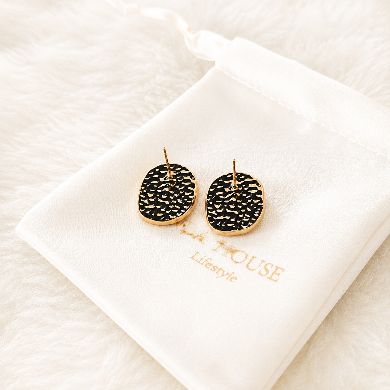 24K Gold Plated Midnight Garden Oval Enamel Pearl Stud Earrings – Panda House