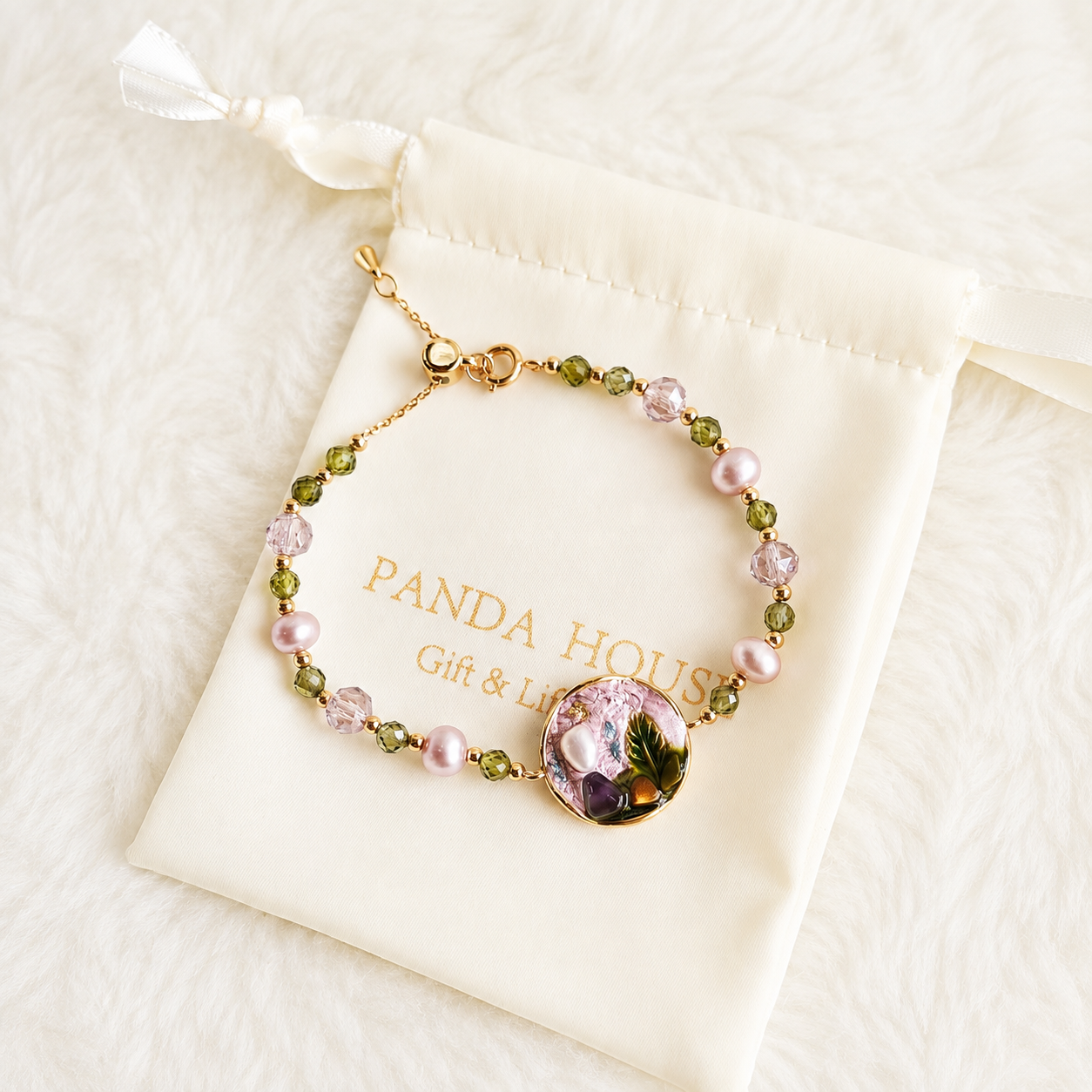 24K Gold Plated Olive Green Natural Stone & Lavender Crystal Bead Bracelet – Panda House